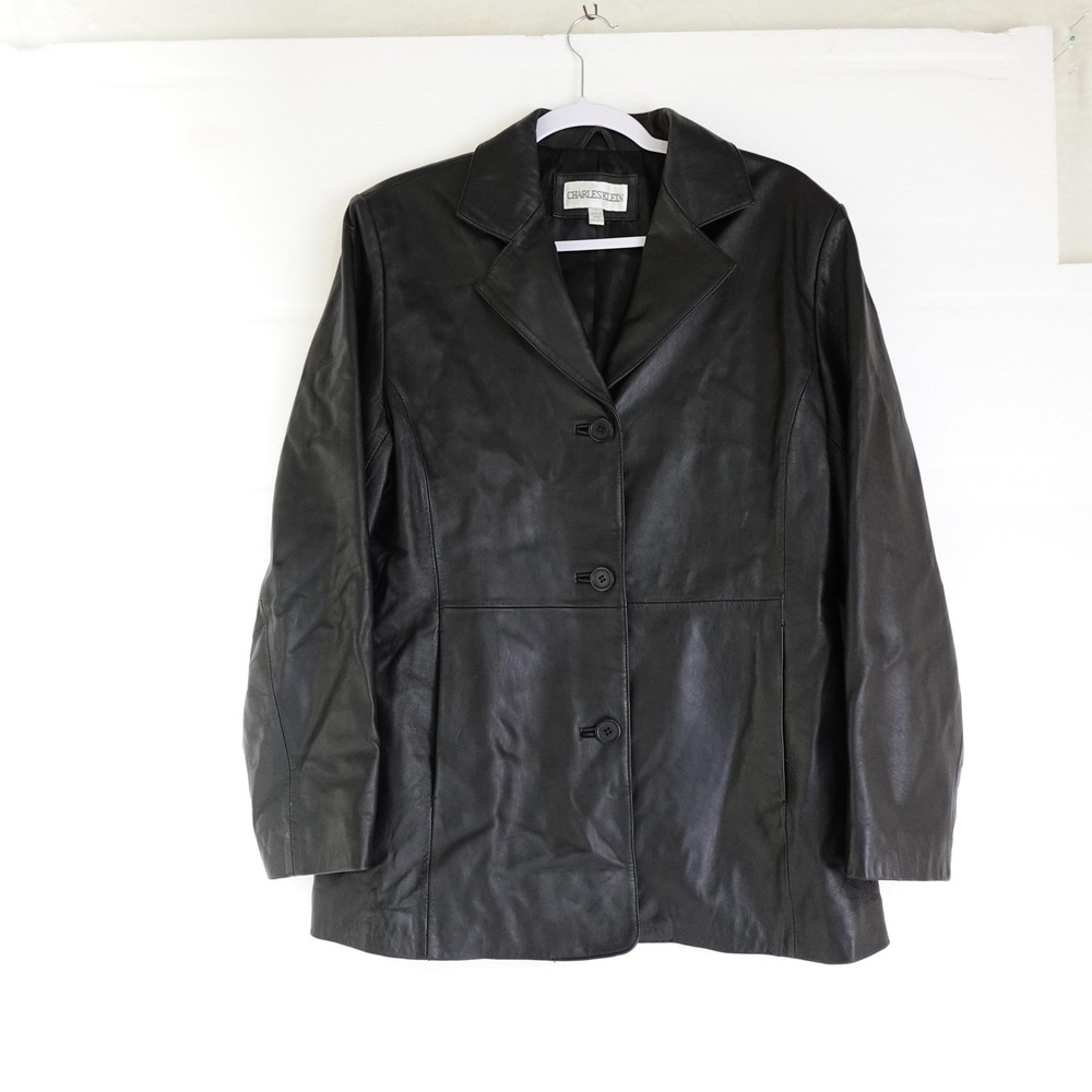 Charles Klein Blazer Jacket Womens Large Black Genuine Leather Pockets Classic